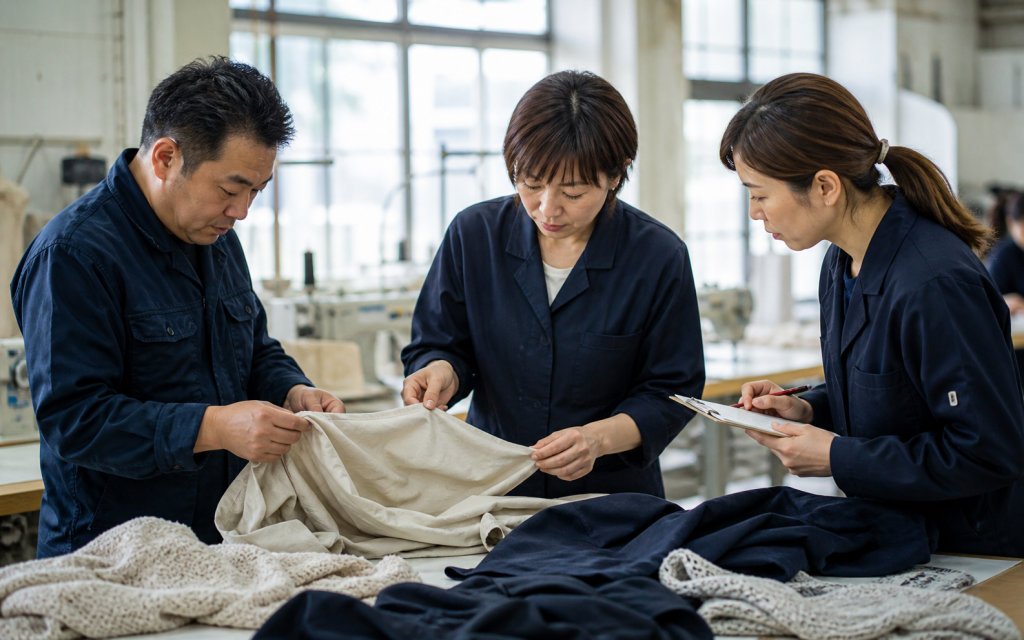 縫製現場で生地と縫製品質を確認する担当者