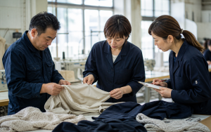 縫製現場で生地と縫製品質を確認する担当者