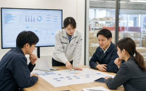 業務フローを確認しながら改善策を話し合う担当者